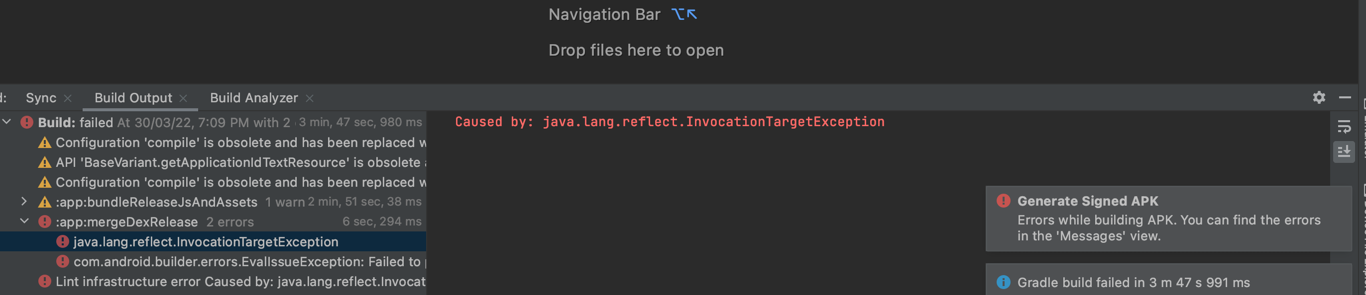 “由 java.lang.reflect.invocationtargetexception 引起”在 android 簽名生成生成期間出現錯誤