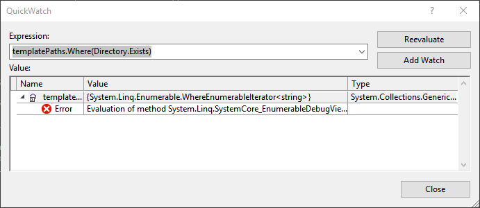 System.IO.Directory.Exists 在 LINQ 陳述句中失敗，但在 foreach 回圈中沒有