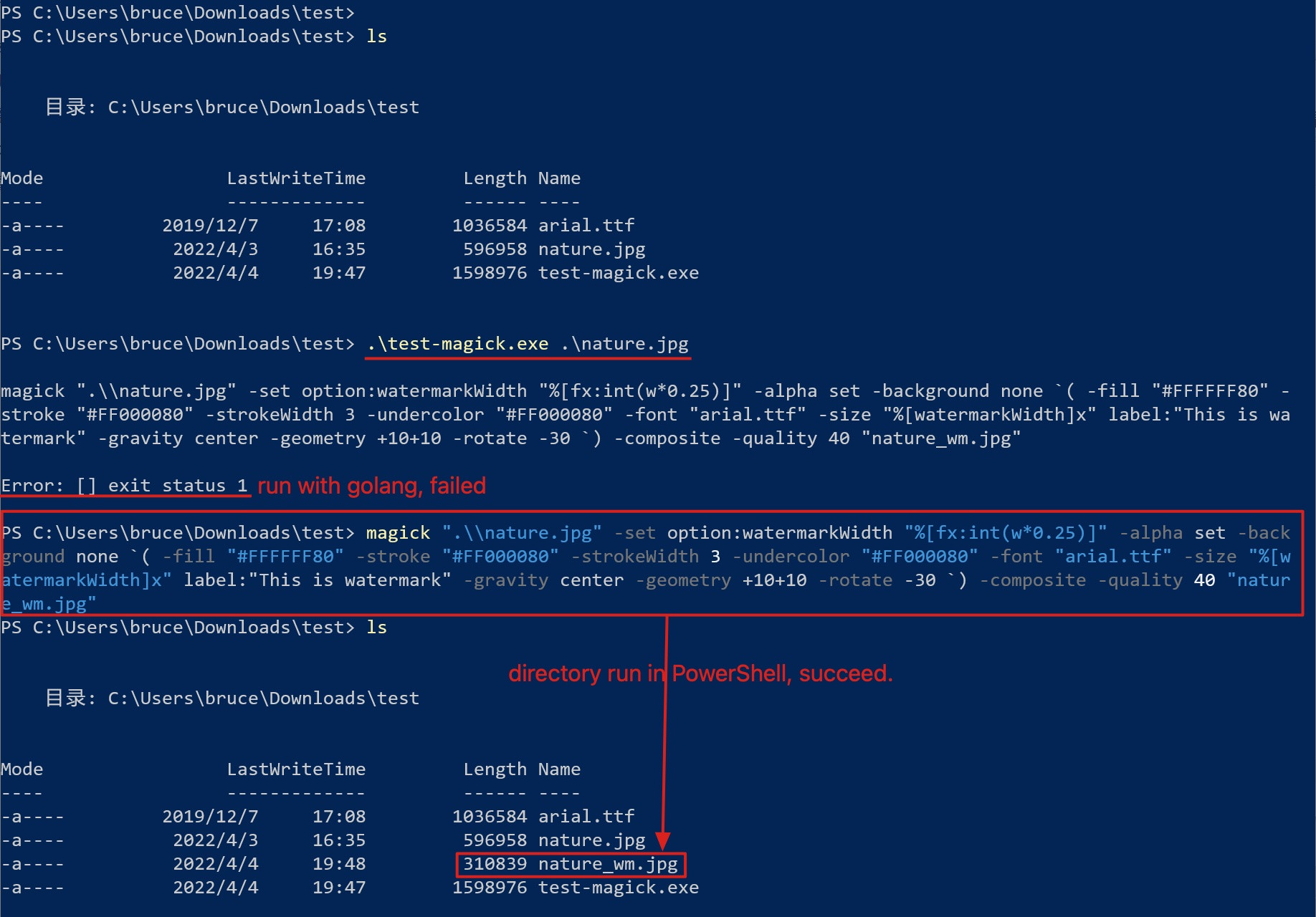 ImageMagick 可以在 Windows PowerShell 上運行,但不能使用 go 運行