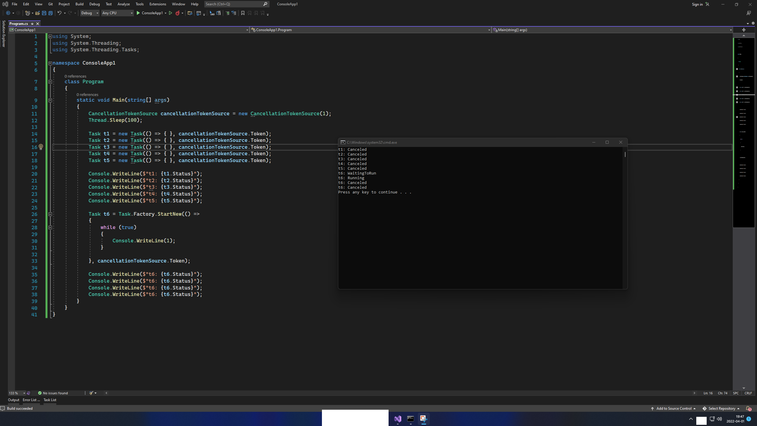 帶有已取消令牌的 Task.Factory.StartNew 的狀態為 running