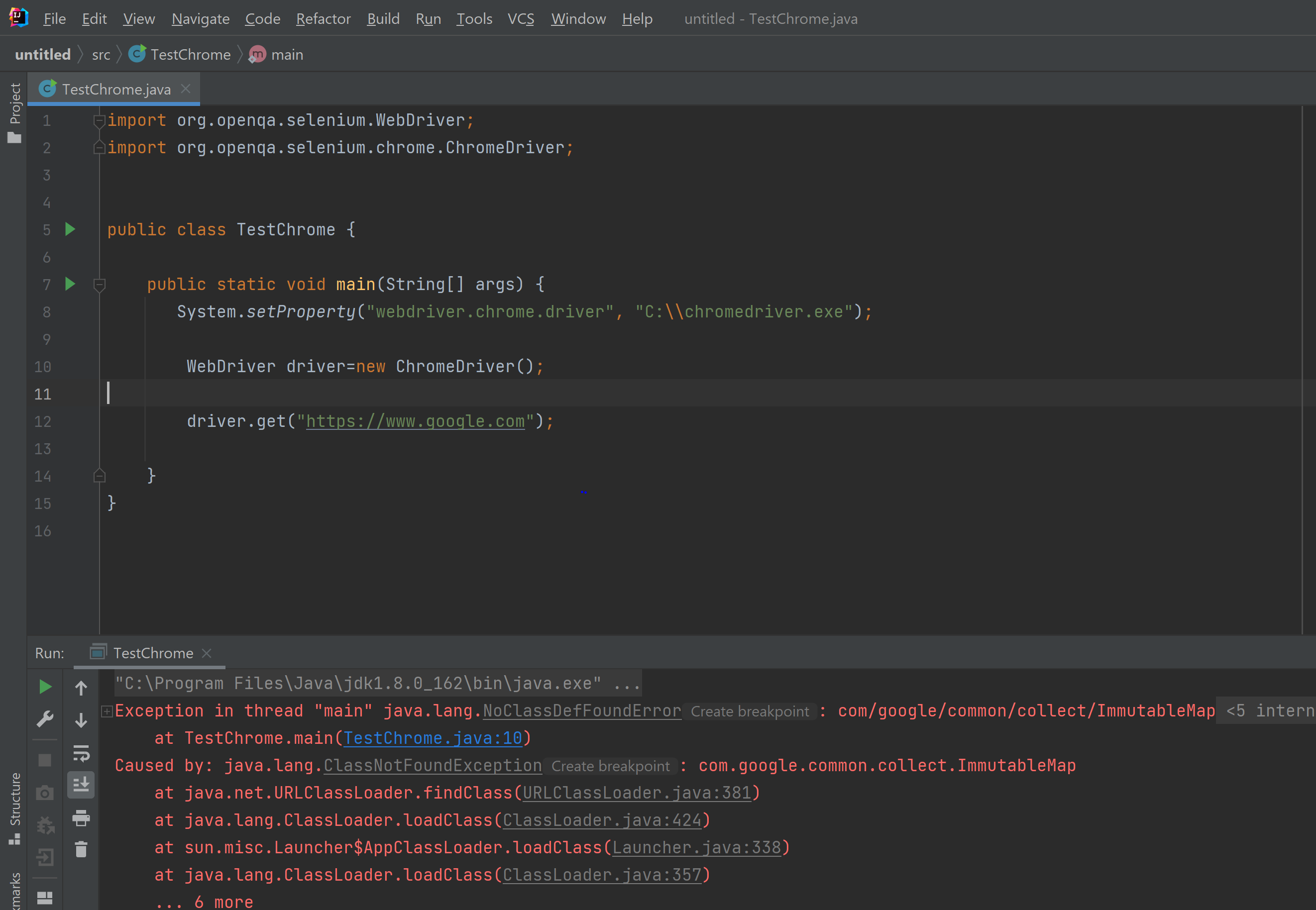 執行緒“main”中的例外 java.lang.NoClassDefFoundError: com/google/common/collect/ImmutableMap 使用 Selenium Java 時出錯