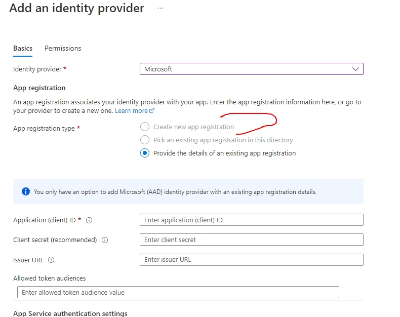 Azure Web 服務和“添加身份提供程式”：禁用創建新應用注冊