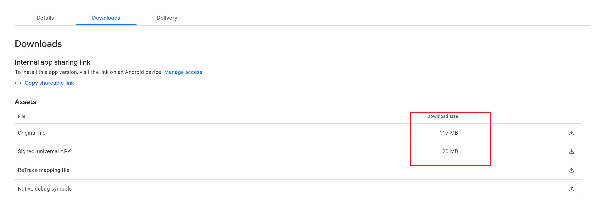 Google Play App Bundle Explorer 中“下載”選項卡與“交付”選項卡下的下載大小，哪個是實際用戶的下載大小？