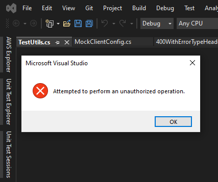 打開 .cs 檔案時的 Visual Studio 2022 未經授權的操作
