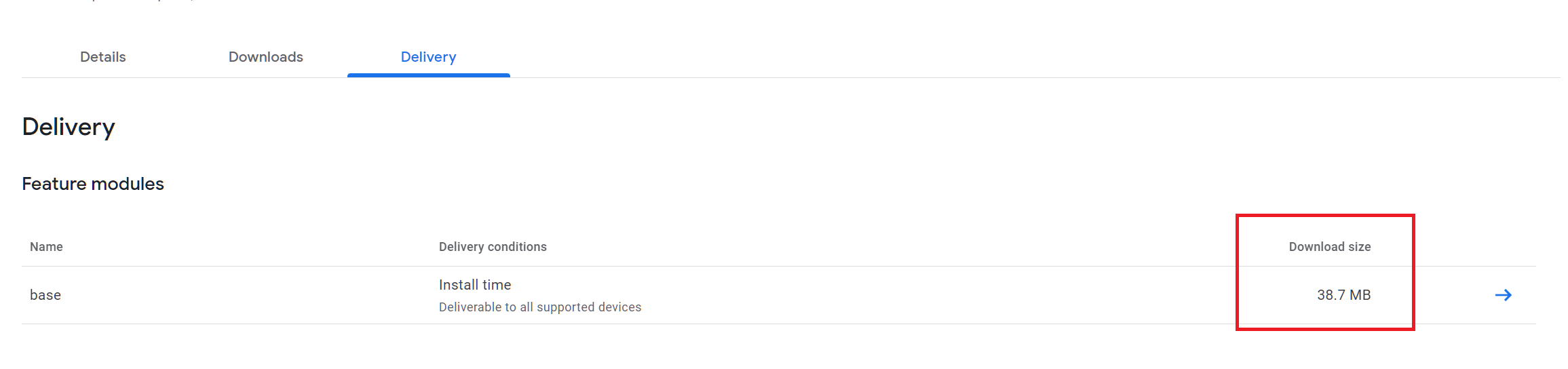 Google Play App Bundle Explorer 中“下載”選項卡與“交付”選項卡下的下載大小，哪個是實際用戶的下載大小？