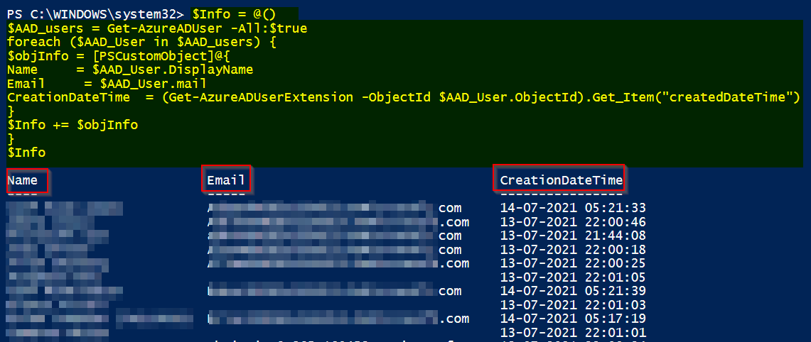 無法檢索 createdDateTime 以及郵件,Azure AD 用戶的顯示名稱