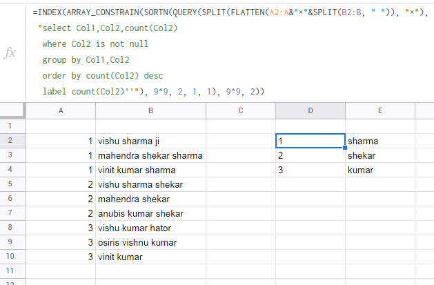 根據 Google Sheets 中的其他列查找最大使用詞