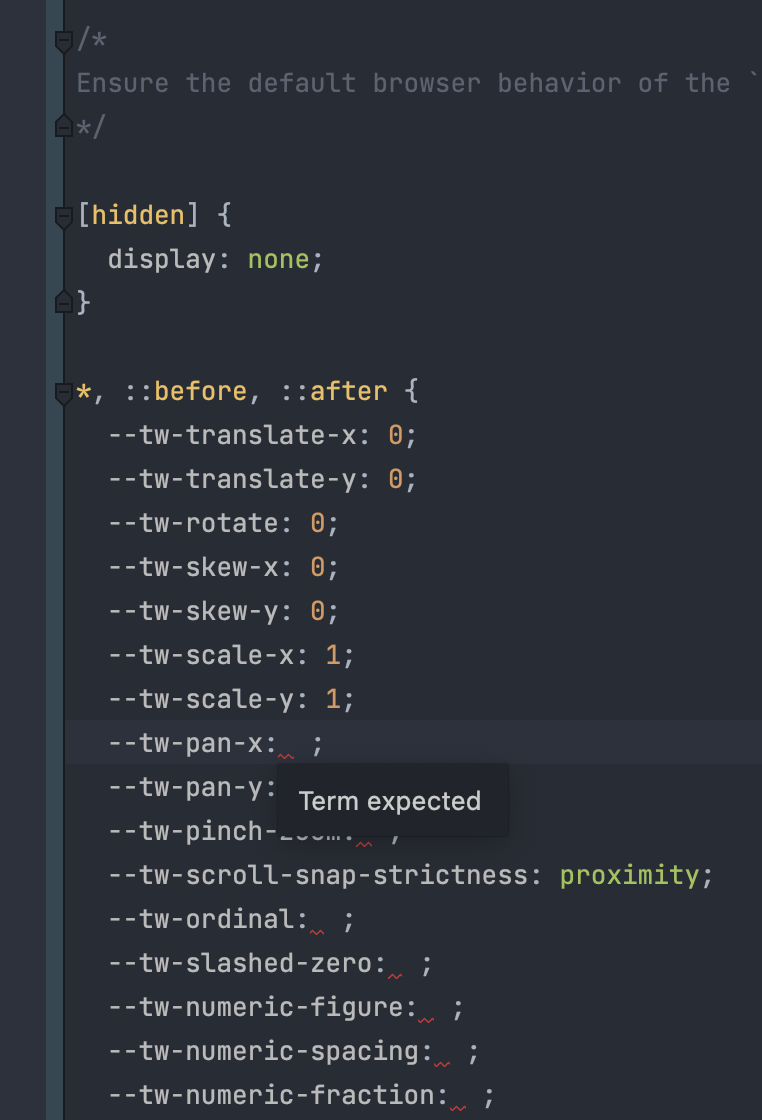 tailwindcss 生成的 css 中的“預期期限”錯誤