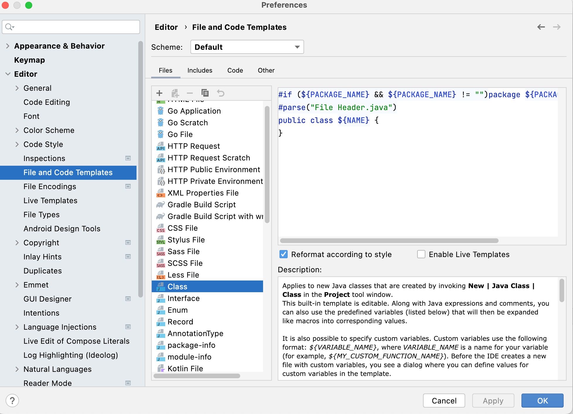 在 IntelliJ 中更改新 java 類的默認模板