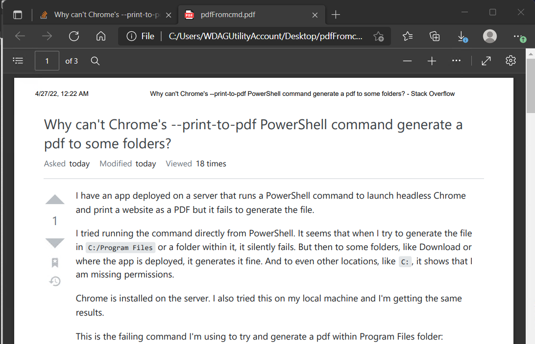 為什么 Chrome 的 --print-to-pdf PowerShell 命令不能為某些檔案夾生成 pdf？