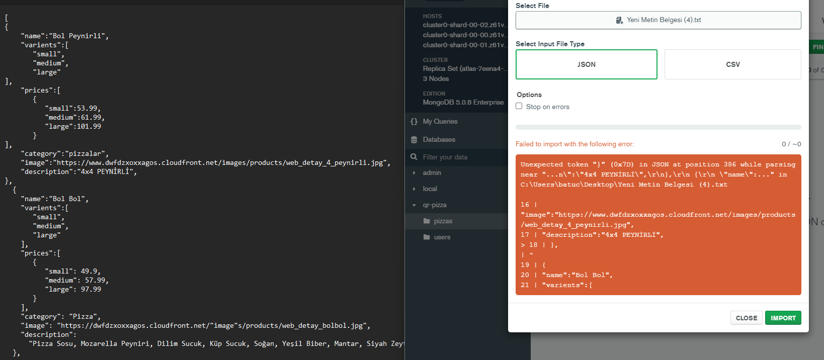 MongoDB 在匯入 JSON 檔案時出錯
