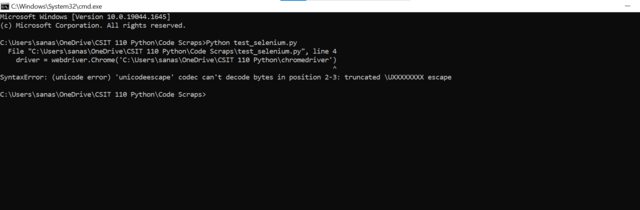 SyntaxError: (unicode error) 'unicodeescape' codec can't decode bytes in position 2-3: truncated \UXXXXXXXX escape error using Selenium and Python