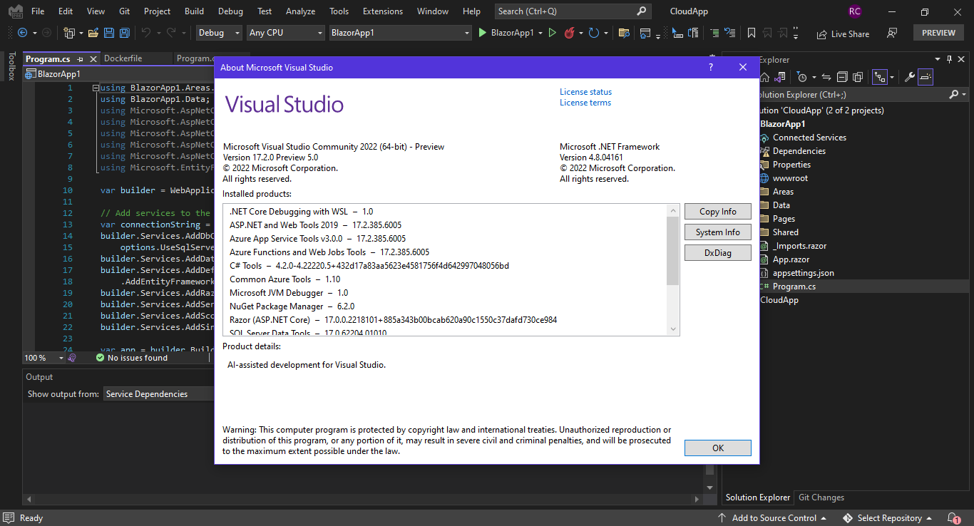 無法在 Microsoft Visual Studio IDE 版本 17.2.0 預覽版 5.0 上運行 Blazor 服務器應用程式