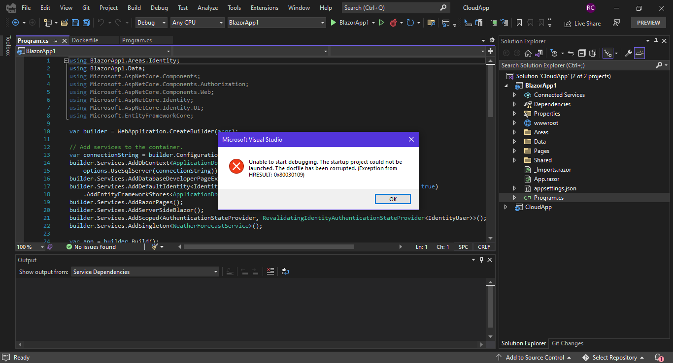 無法在 Microsoft Visual Studio IDE 版本 17.2.0 預覽版 5.0 上運行 Blazor 服務器應用程式