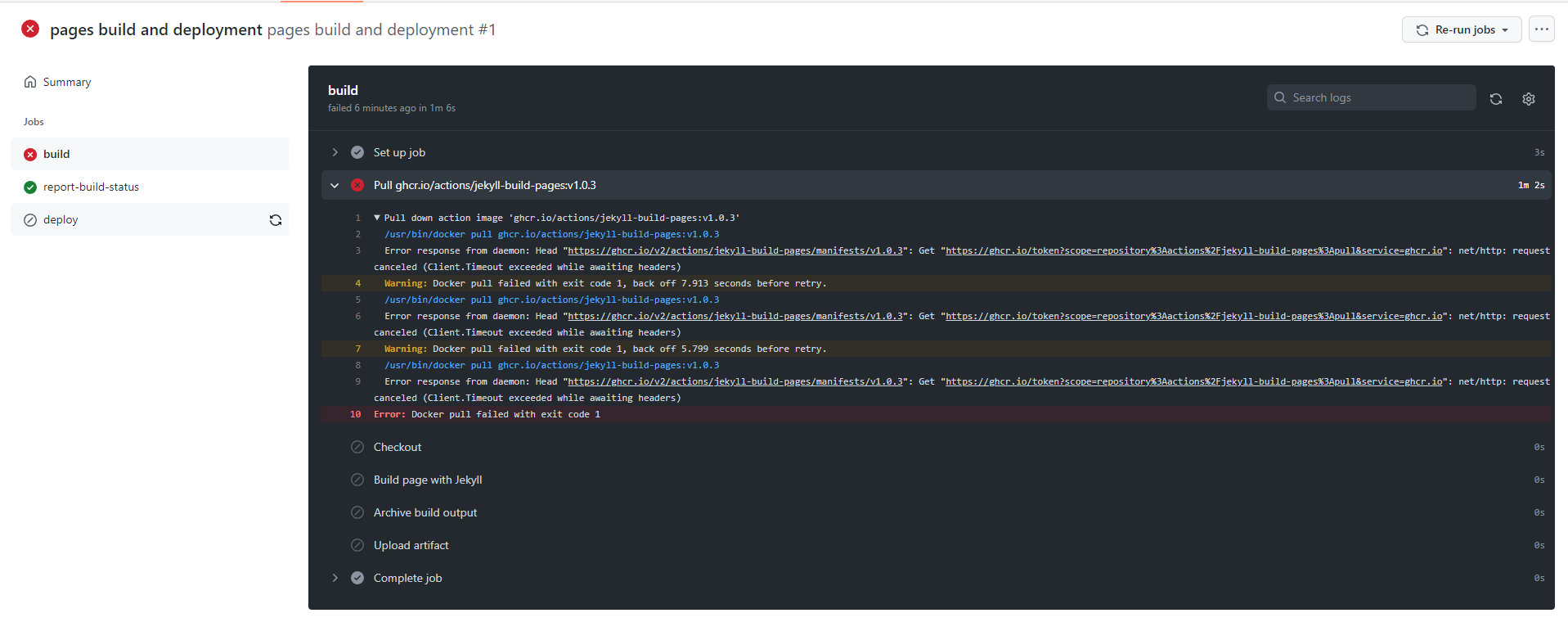 GitHub - pages 錯誤：Docker pull 失敗，退出代碼為 1