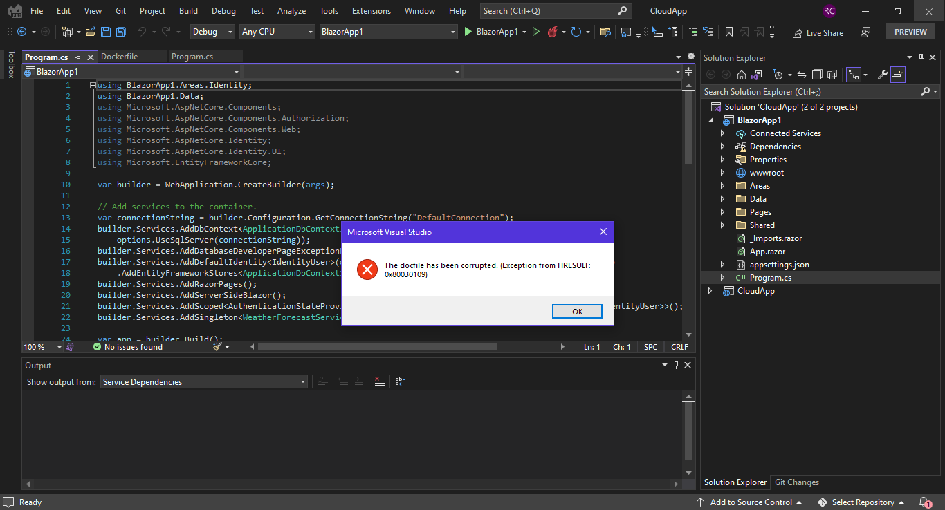 無法在 Microsoft Visual Studio IDE 版本 17.2.0 預覽版 5.0 上運行 Blazor 服務器應用程式