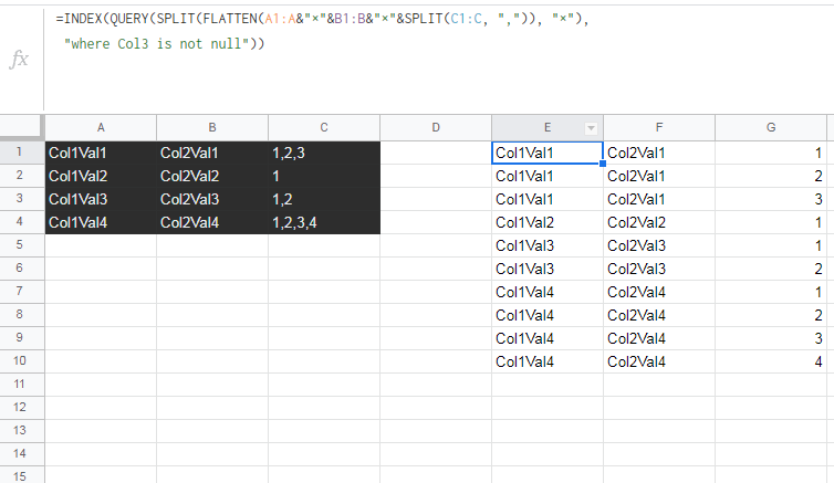 為逗號分隔串列的每個值創建一行的公式 - GSheets