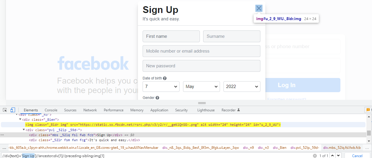 如何使用 Selenium Java 在 Facebook 注冊頁面上單擊關閉圖示/元素?