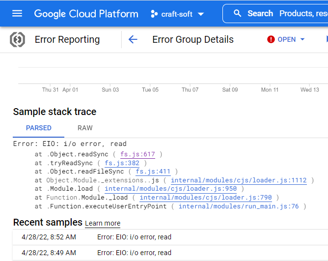 Google Cloud / App Engine（Node JS）“錯誤：EIO：i/o錯誤，讀取”
