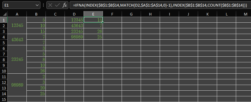 不同行數之間的 Excel 索引/vlookup