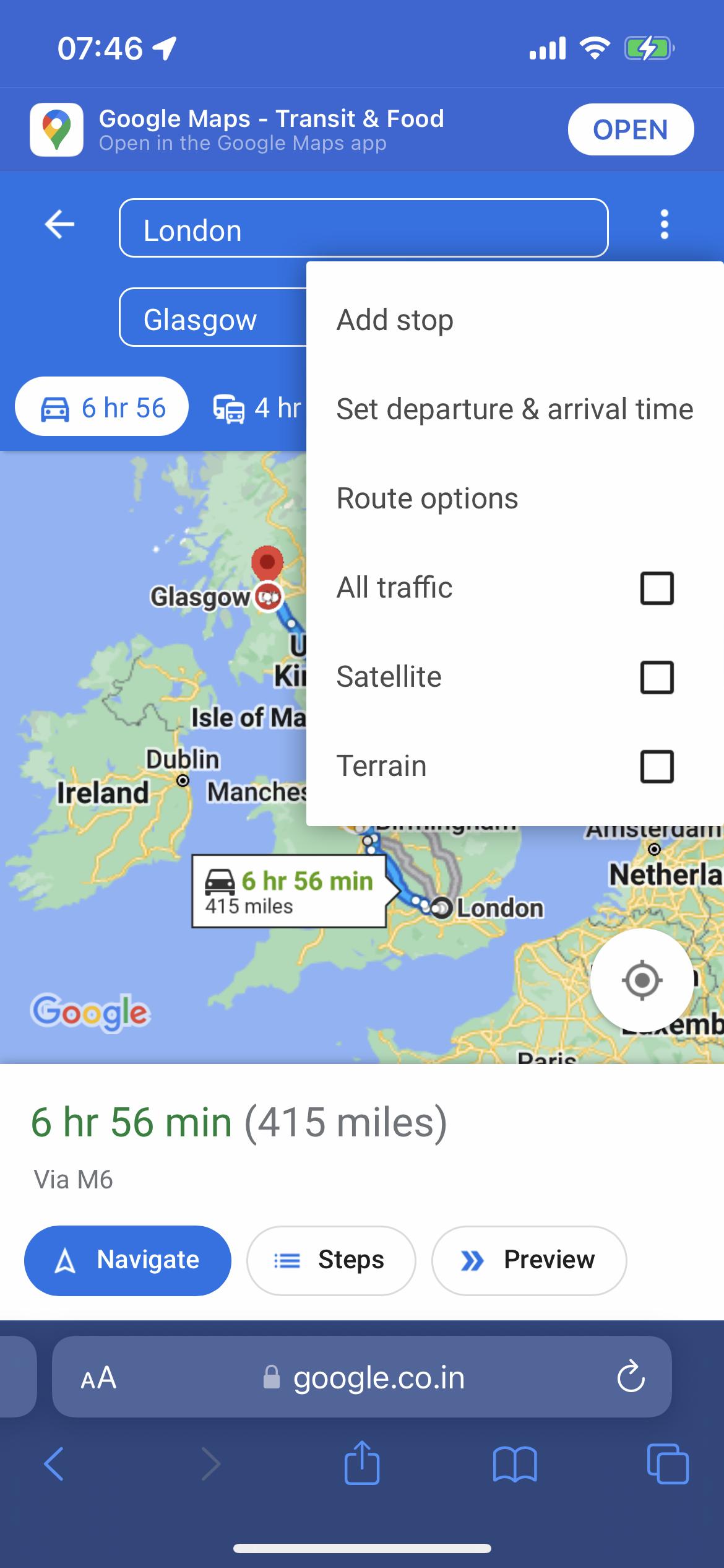 iOS - Google 地圖未顯示瀏覽器中添加的所有航點。在谷歌地圖應用程式和瀏覽器中作業正常（帶有桌面站點）