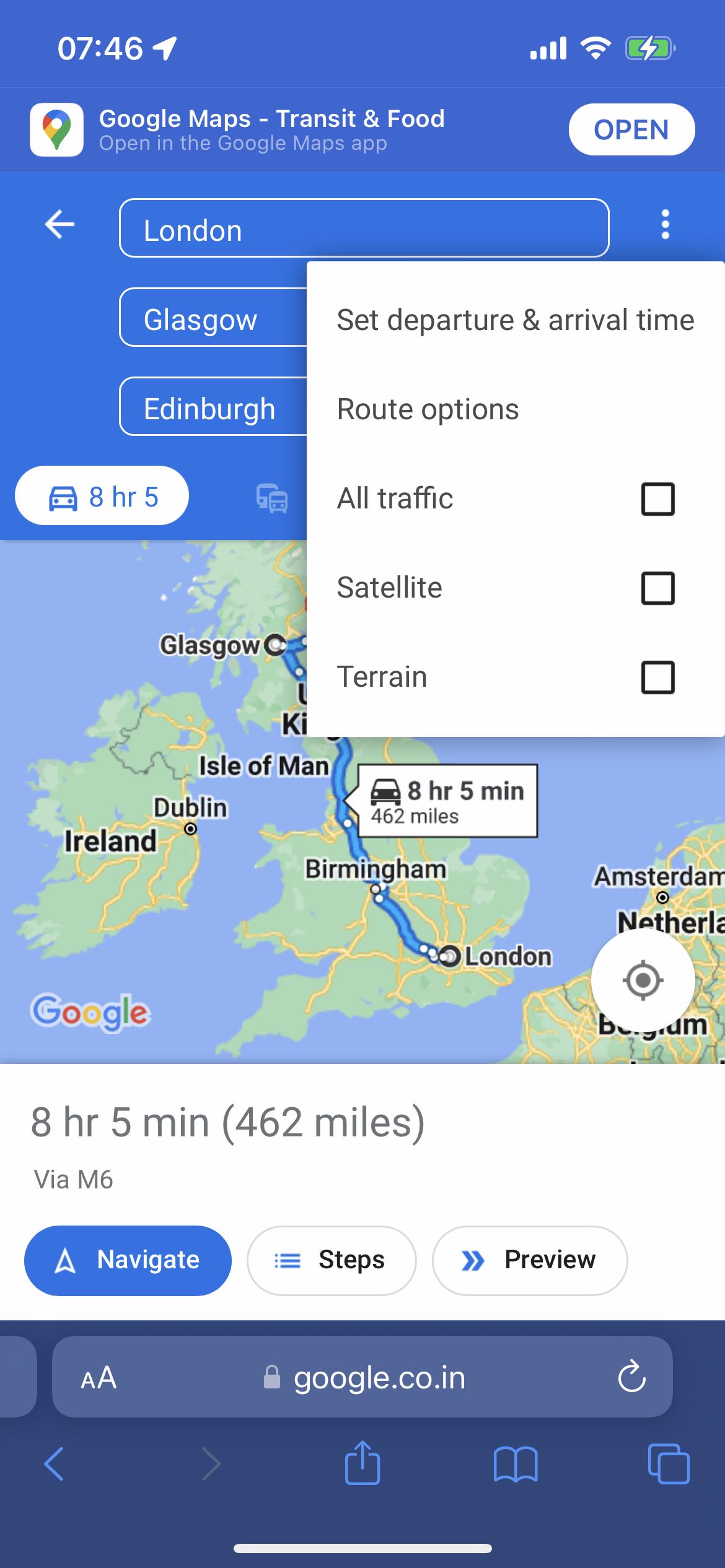iOS - Google 地圖未顯示瀏覽器中添加的所有航點。在谷歌地圖應用程式和瀏覽器中作業正常（帶有桌面站點）