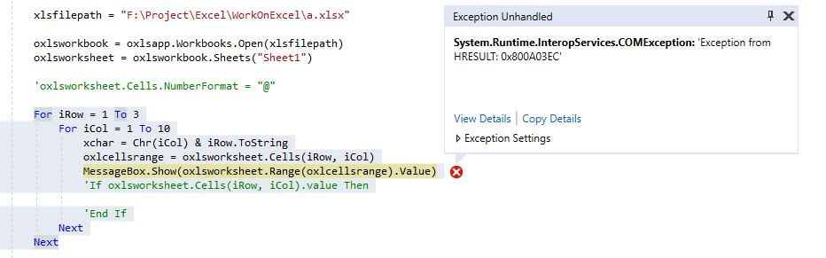 VSTO 致命錯誤 System.Runtime.InteropServices.COMException:“來自 HRESULT 的例外:0x800A03EC”