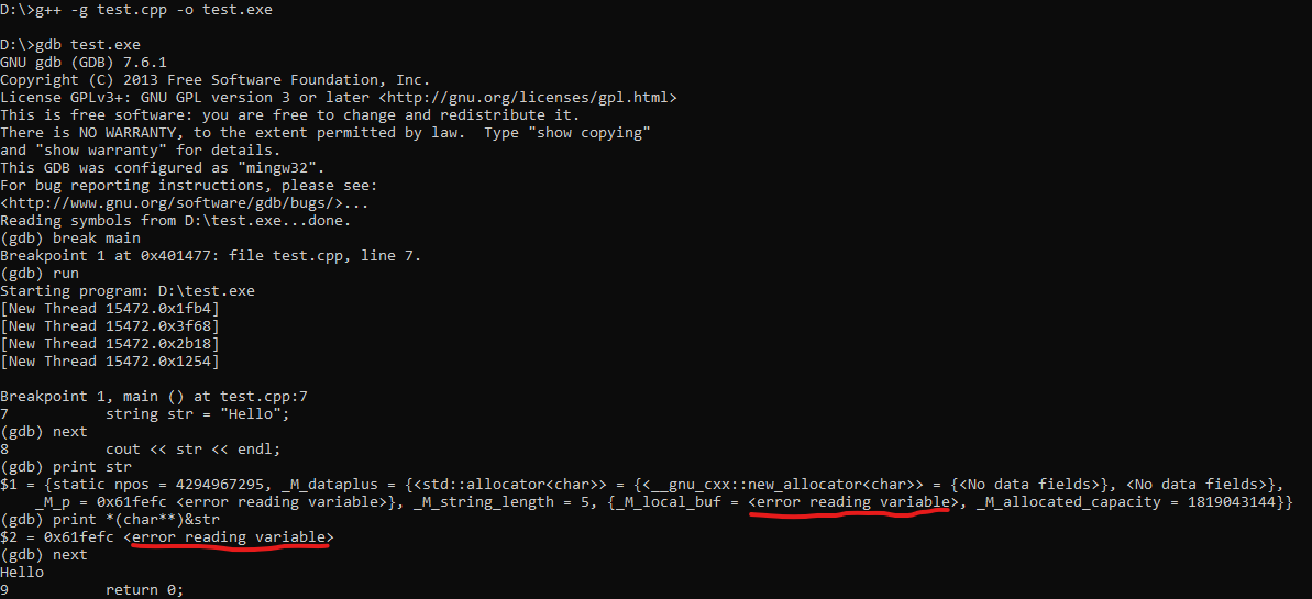 任何字串物件的 gdb <錯誤讀取變數>