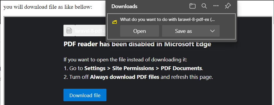 運行檔案pdf而不彈出下載laravel