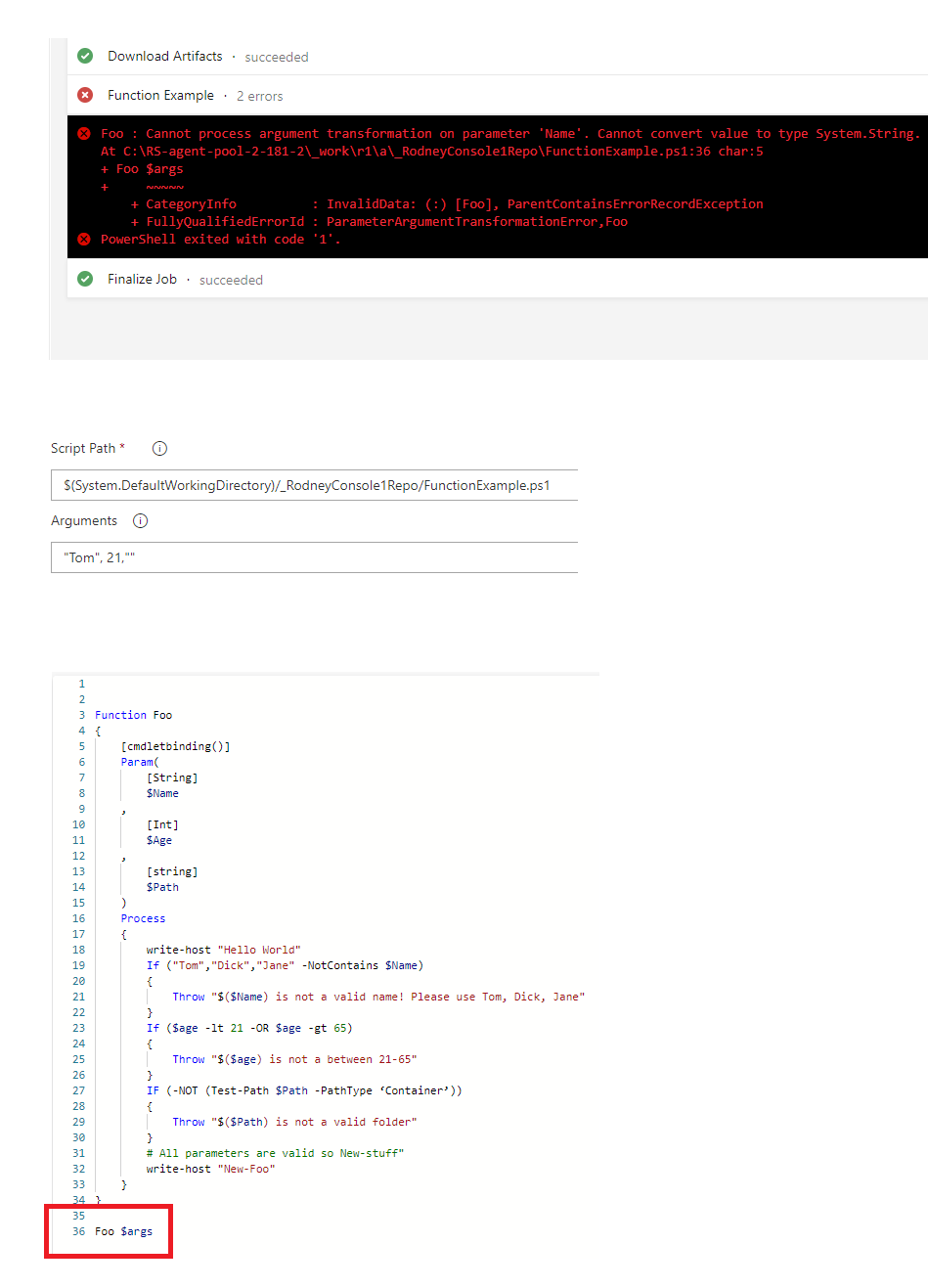 從 Azure PowerShell 任務呼叫 PowerShell 函式時未獲得預期輸出