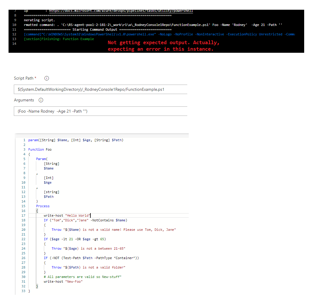 從 Azure PowerShell 任務呼叫 PowerShell 函式時未獲得預期輸出