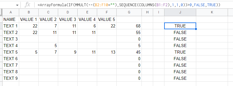 ARRAYFORMULA 選項用于檢查 Google 表格每一行的單元格值