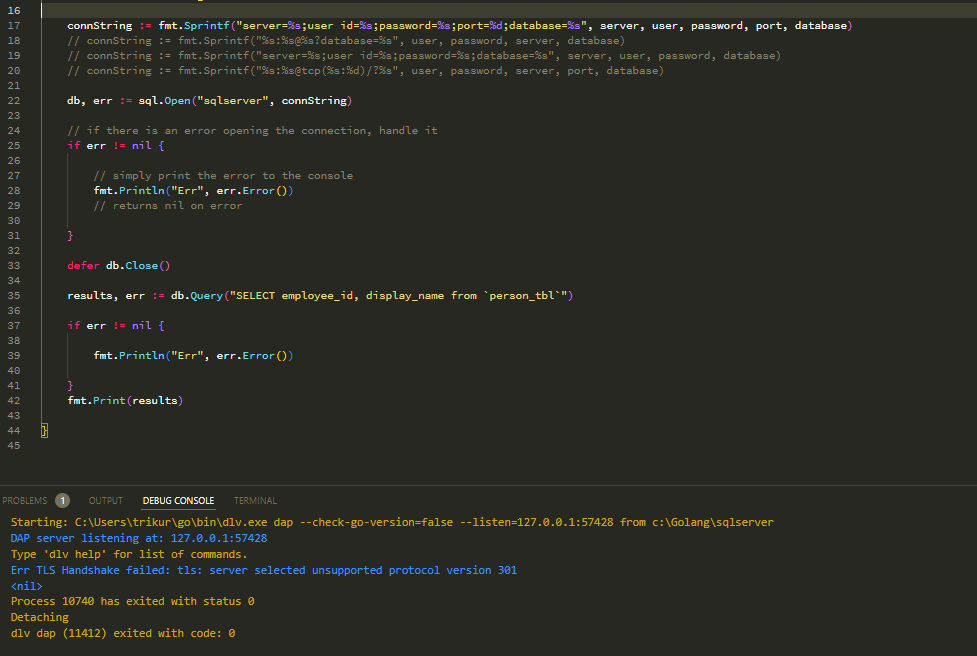 Golang：“Err TLS Handshake failed: tls: server selected unsupported protocol version 301”嘗試連接到 sql server（不同主機）時