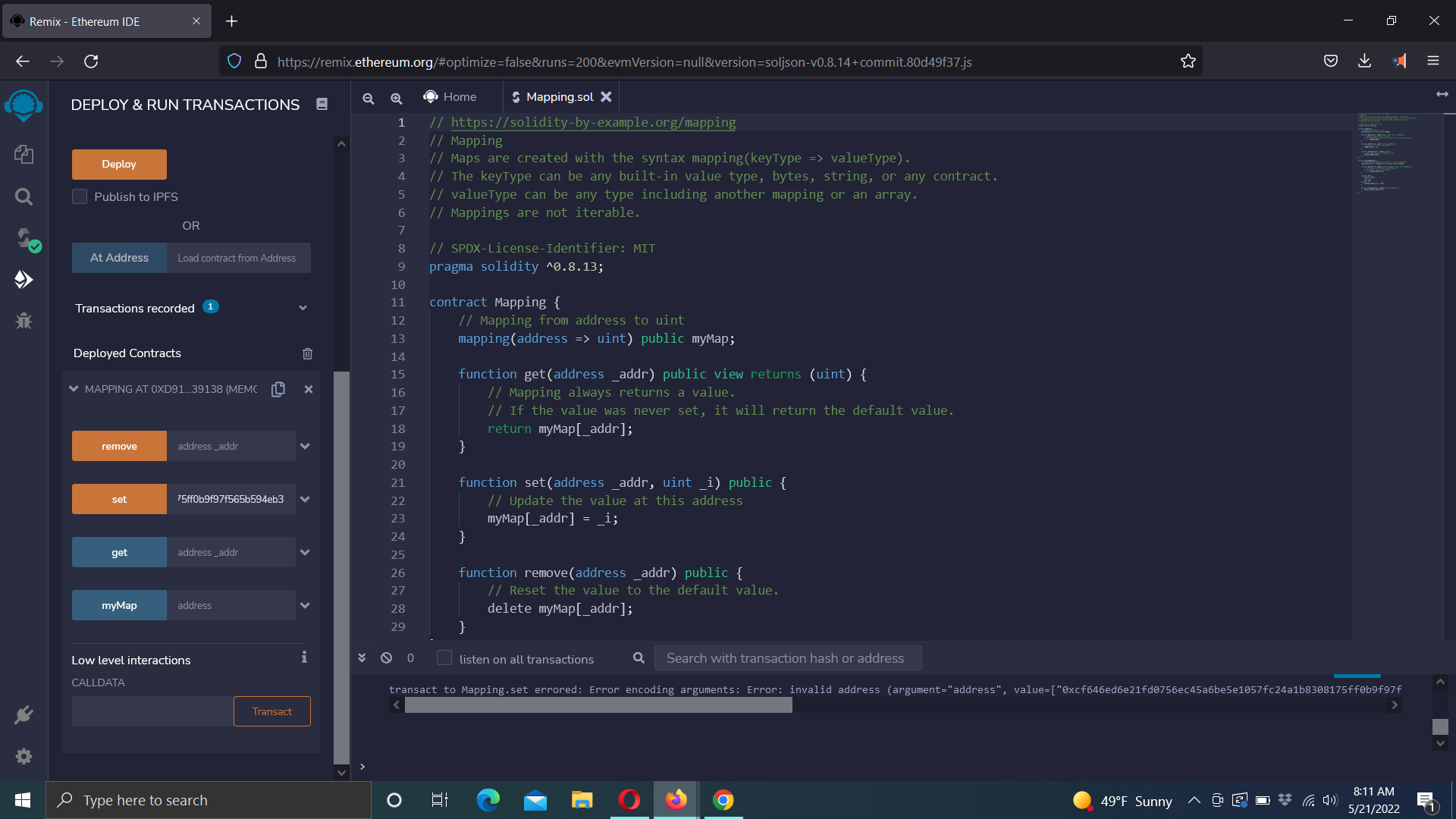 如何在 Remix 中測驗 Solidity-By-Example Mapping 智能合約?