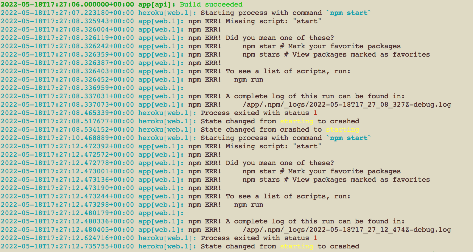 Heroku 拋出 npm ERR!缺少腳本:對我“開始”