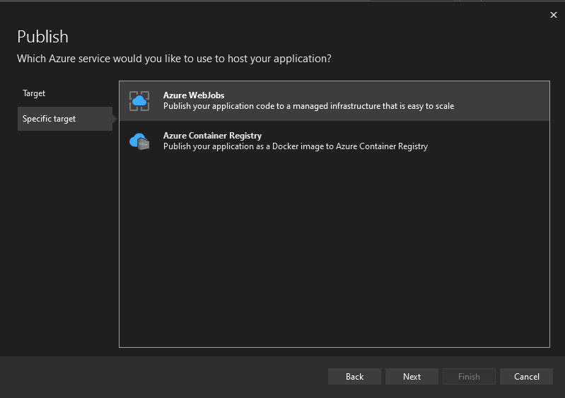 VS2022 中的發布目標缺少部署到 Azure 容器應用程式