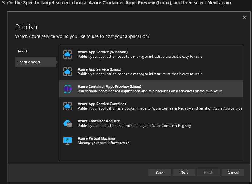 VS2022 中的發布目標缺少部署到 Azure 容器應用程式