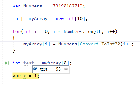 C# -> 7 在字串中，轉換為 int 回傳 55？