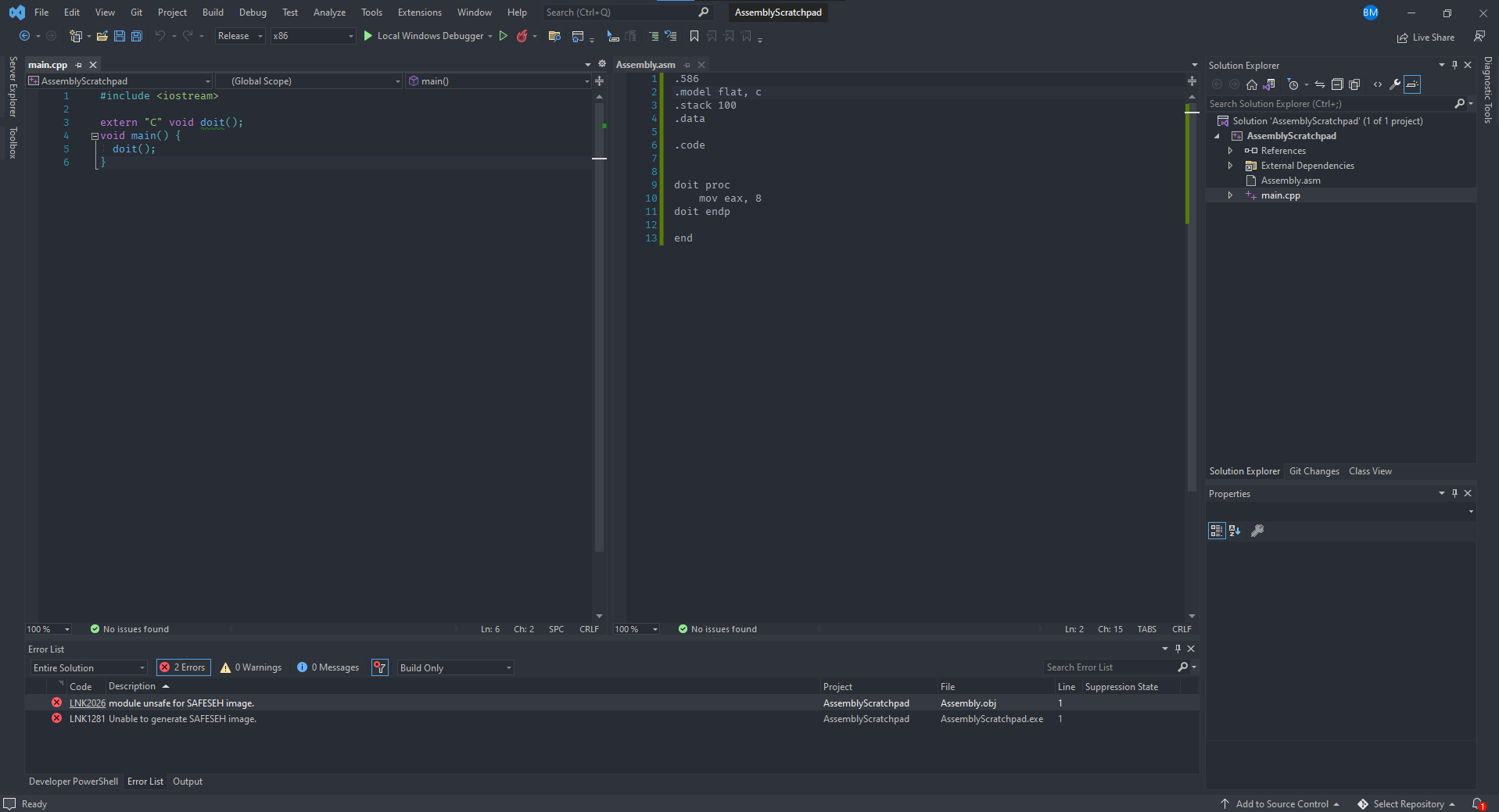 在 Assembly/C 中構建版本時發生 Visual Studio“模塊對 SAFESEH 影像不安全”
