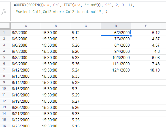 Google Sheet - 查詢以顯示給定串列中最早日期的日期和值