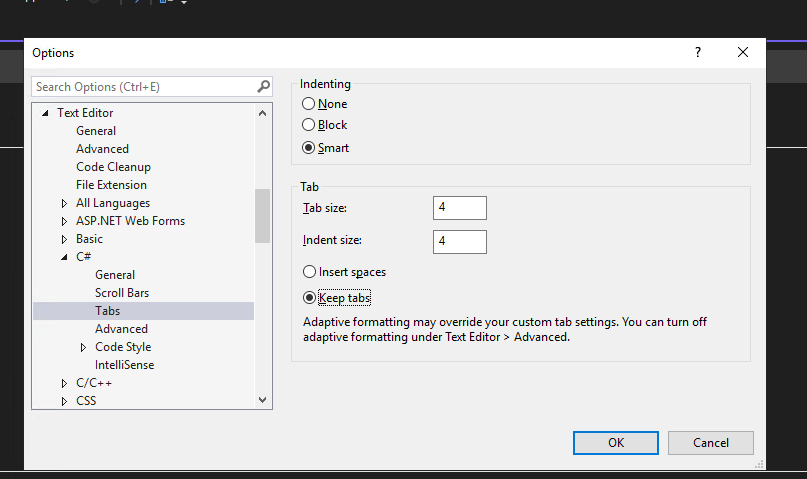 更改 Visual Studio 2022 的默認縮進