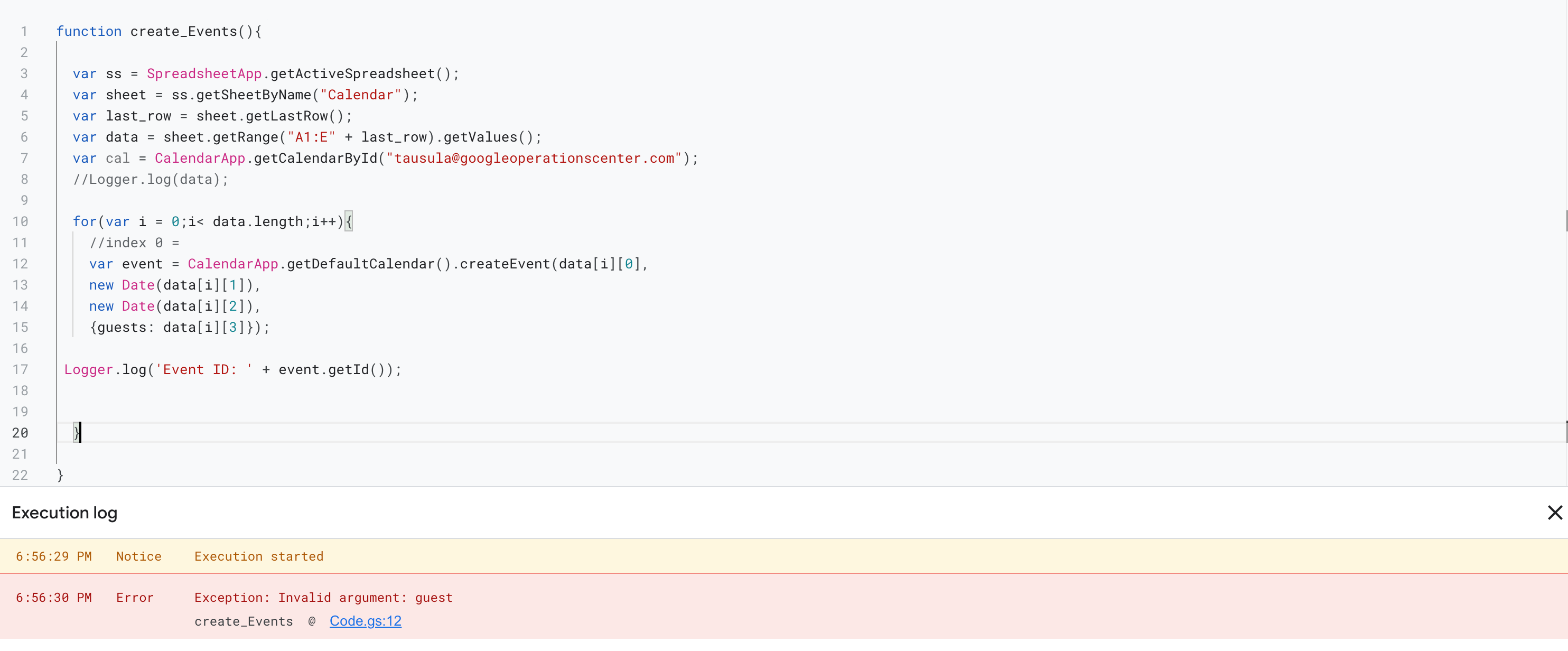 Google 表格 appscript 創建日歷失敗