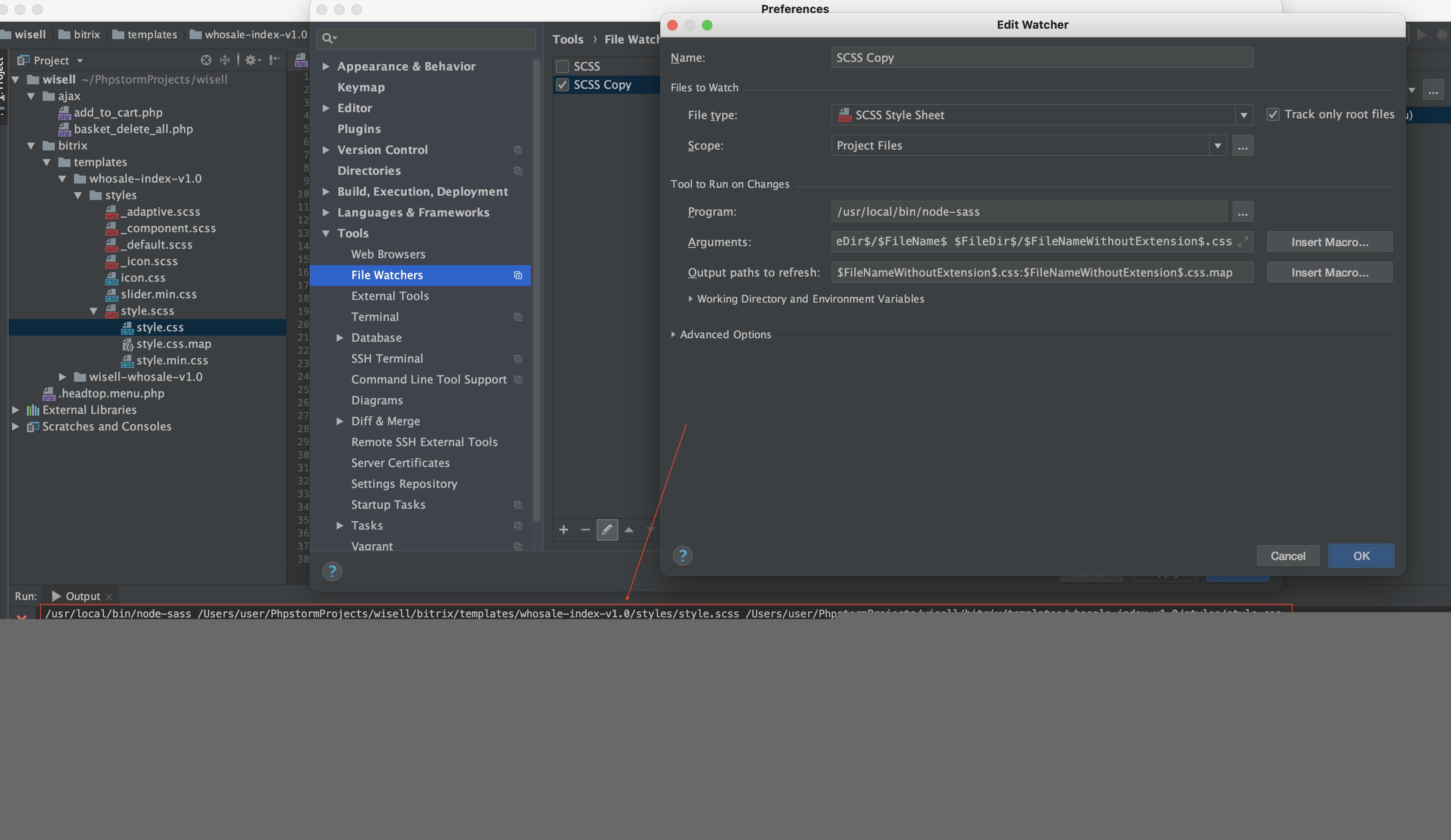 PhpStorm 不會將 scss 編譯為 css。“錯誤環境:節點:沒有這樣的檔案或目錄”MacOS