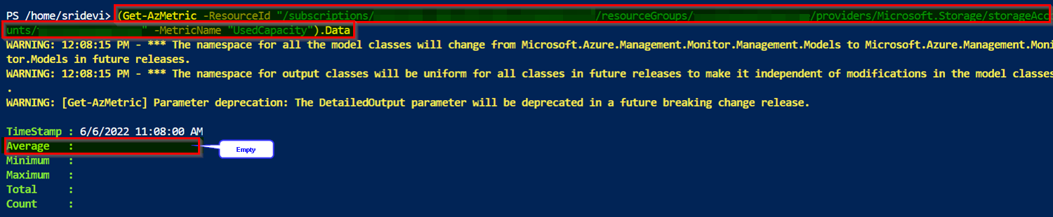 使用 AZMetrics 使用 Powershell 獲取存盤帳戶大小通常回傳 0