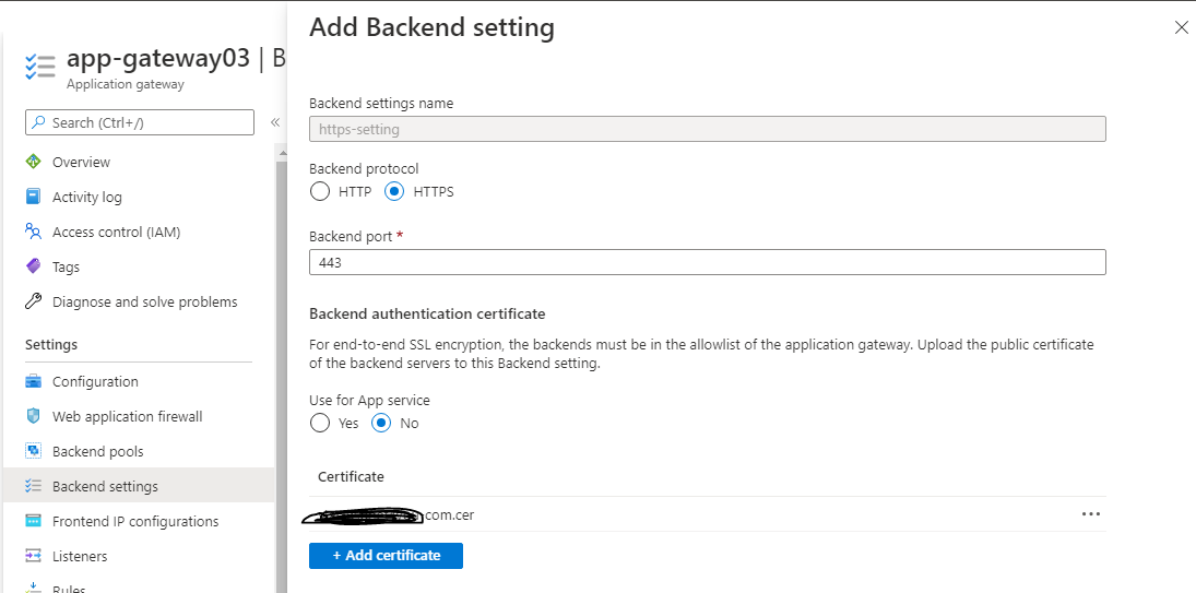 Azure 應用程式網關后端設定證書錯誤 - ApplicationGatewayTrustedRootCertificateInvalidData