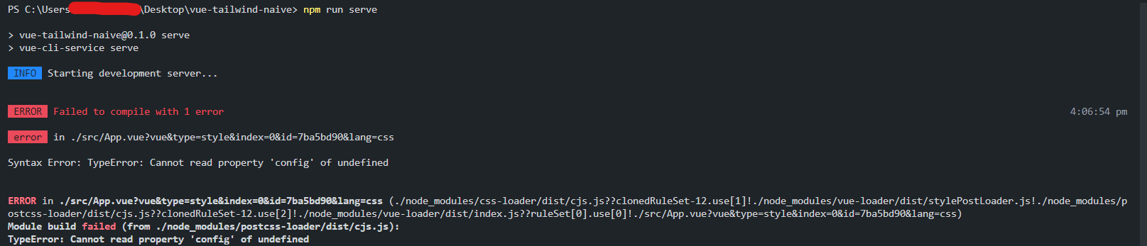 錯誤：ENOENT：沒有這樣的檔案或目錄，打開 'C:\Users\username\Desktop\vue-tailwind-naive\tailwind.config.js'