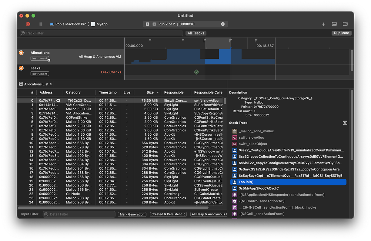 為什么我在 Xcode Allocations 中單擊“Mark Generation”后記憶體增長一直在下降?