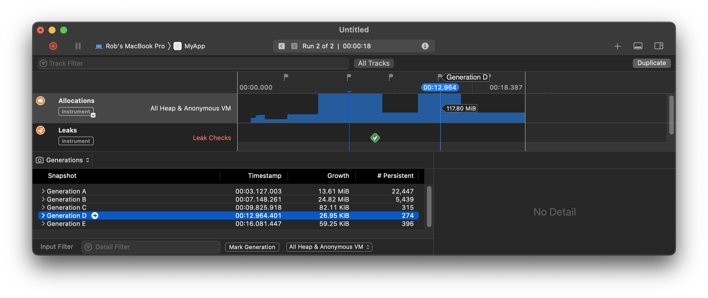 為什么我在 Xcode Allocations 中單擊“Mark Generation”后記憶體增長一直在下降?