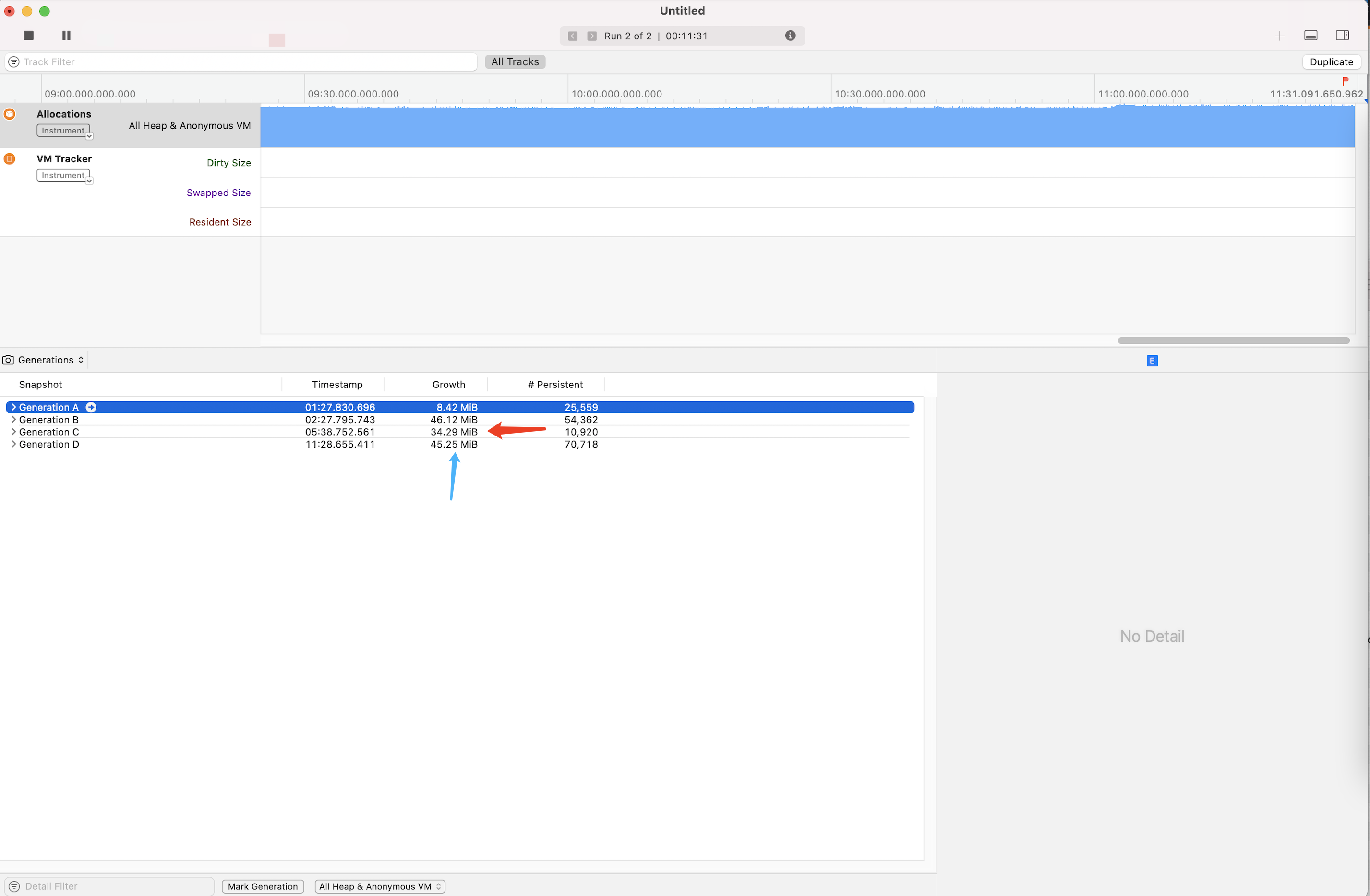 為什么我在 Xcode Allocations 中單擊“Mark Generation”后記憶體增長一直在下降？