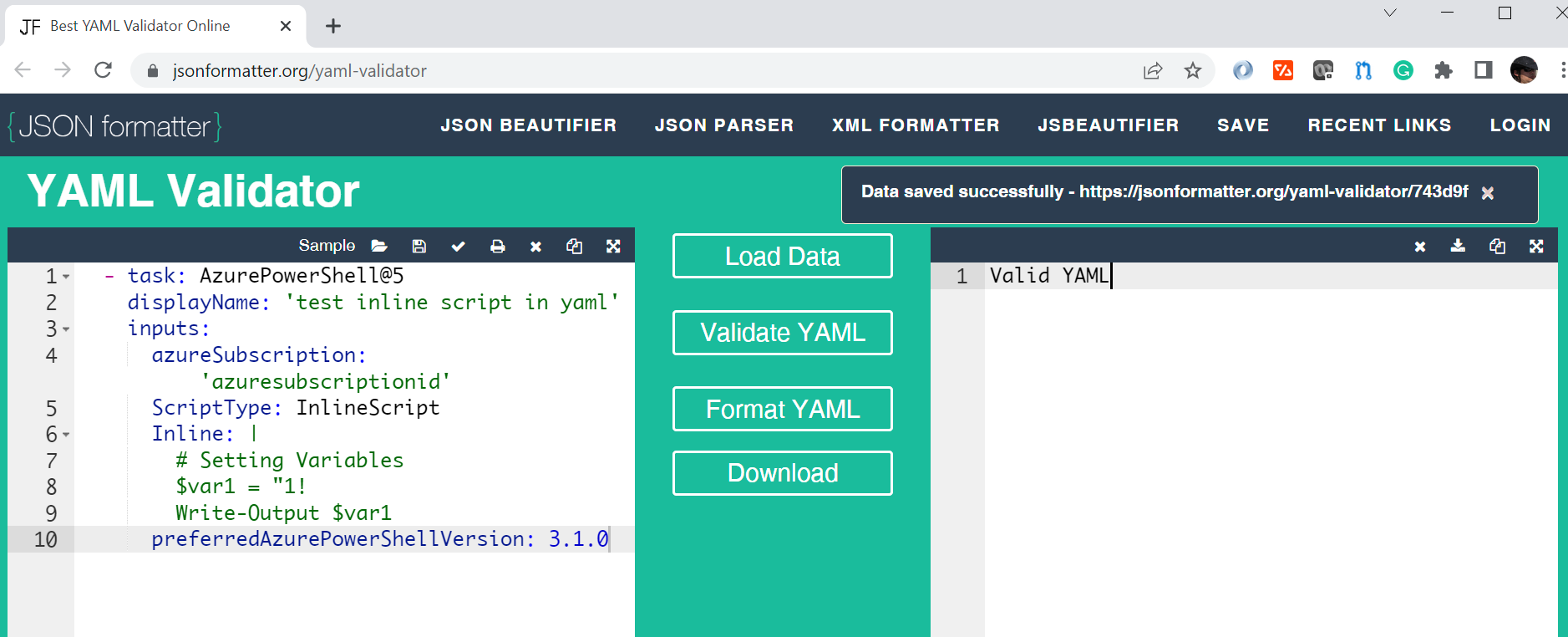 在 Yaml 檔案中使用 powershell 行內腳本時出現錯誤“決議塊映射時未找到預期的鍵”